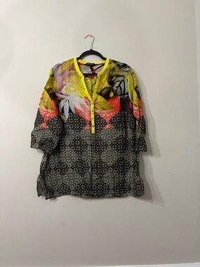 Elena Miro Yellow Black Patterned Floral Tunic Blouse